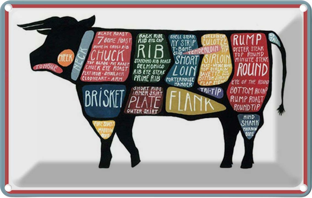 Blechschild 20x30 cm Kuh Beef cuts Fleisch