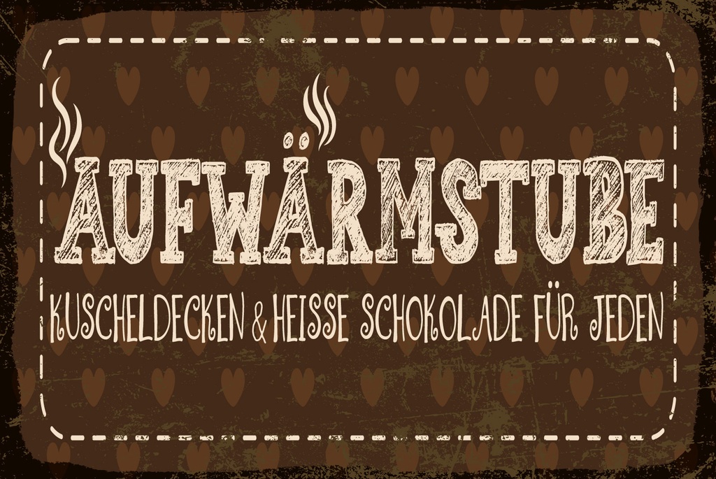 [LA-1809313] Blechschild 20x30 cm Aufwärmstube Kuscheldecken und Heiße Schoko