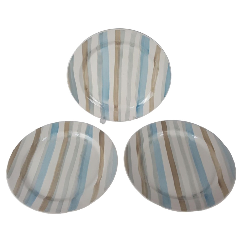 [458138462] 3er Set Speiseteller D 27 cm Keramik blau braun grau cremeweiß Streifen Design
