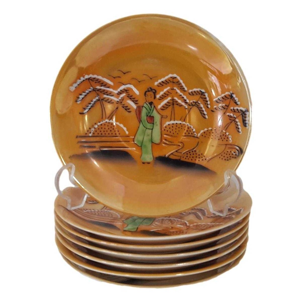 [458168485] 7er Set Untertasse 13,1 cm Japan China Geisha Grün Perlmutt gebraucht - akzeptabel