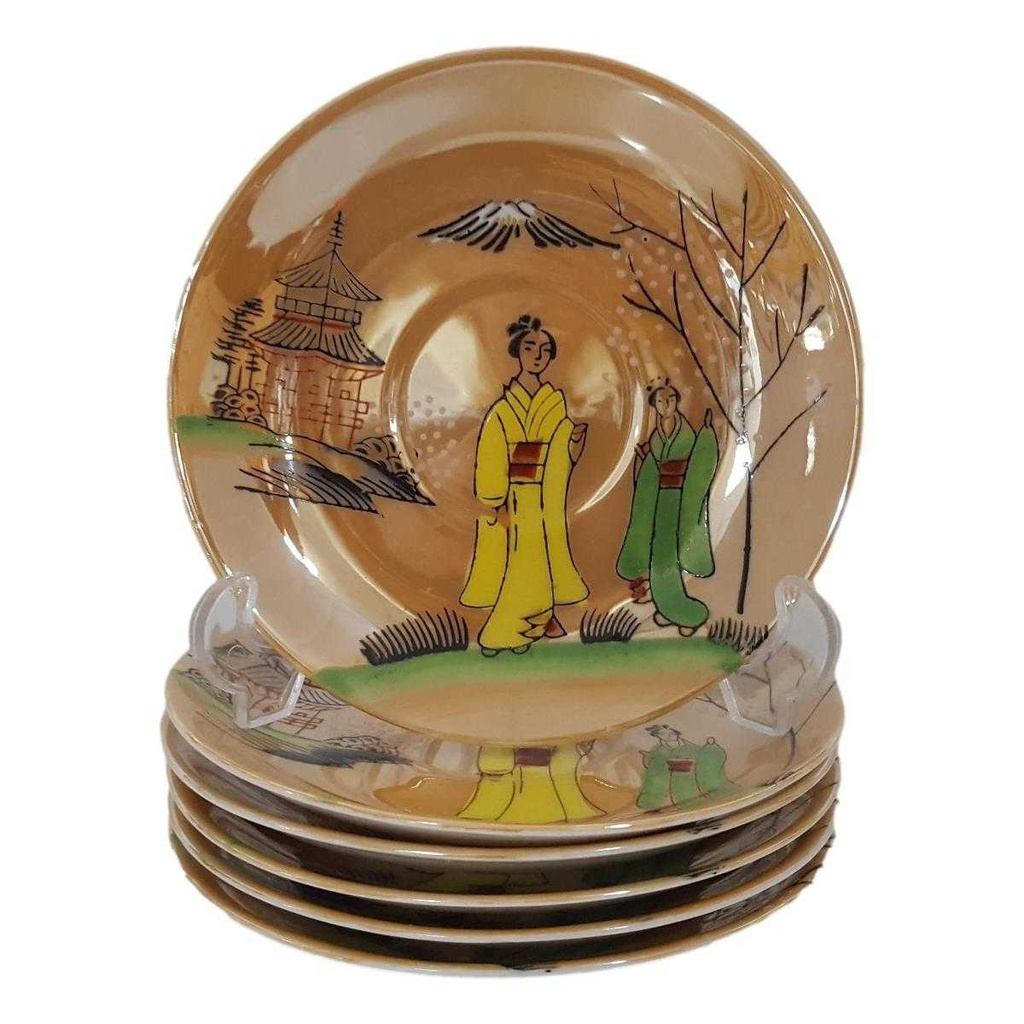 [458168490] 6er Set Untertasse 13,1 cm Japan China Geisha Gelb Grün gebraucht - defekt