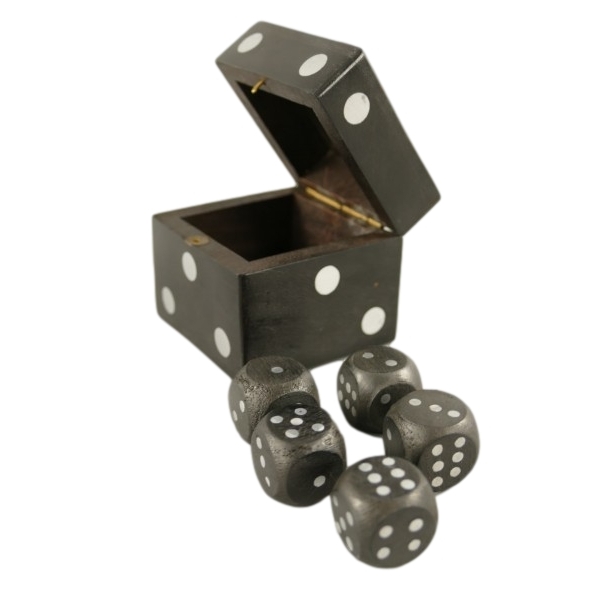 [LA-42780] 5er Würfel-Set Spielwürfel in Holzbox Würfelform Schwarz/Silber 6x6x6 cm
