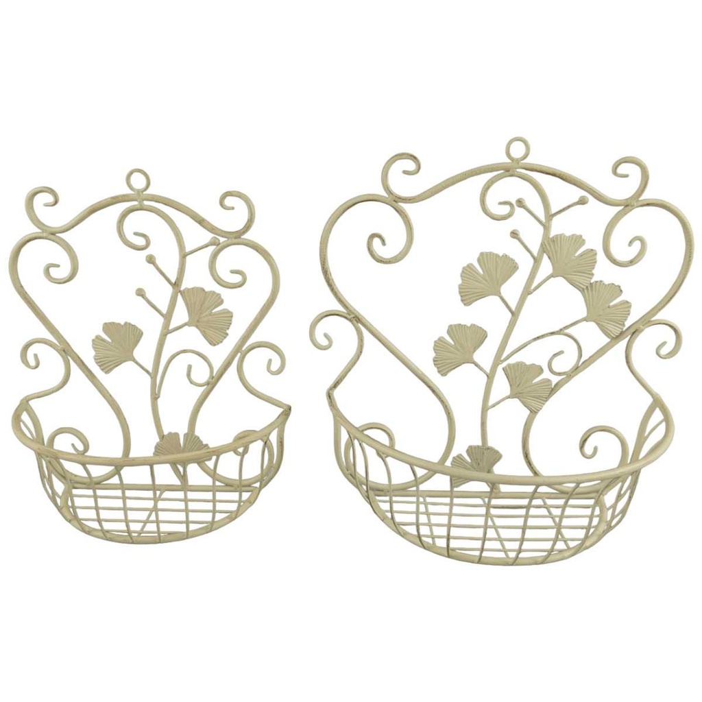 [LA-42882] 2er Set Eisen Blumenhänger Blumenhalter Blumenkörbe Wandkörbe Weiß rustikal
