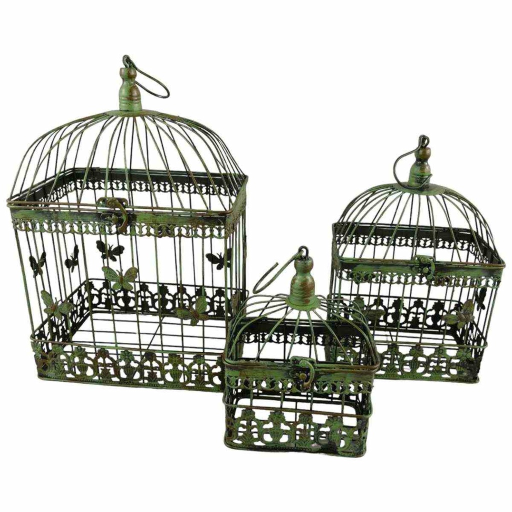 [LA-49115] 3er Set Vogelkäfig Blumen Pflanz Deko Käfig Eisen eckig Grün