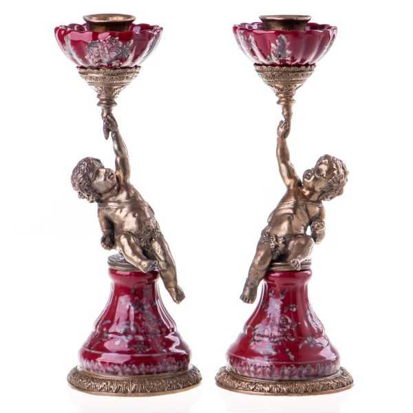[LA-63155] 2er Set Kerzenleuchter Kerzenständer Kerzenhalter Porzellan/Messing Engel #63155