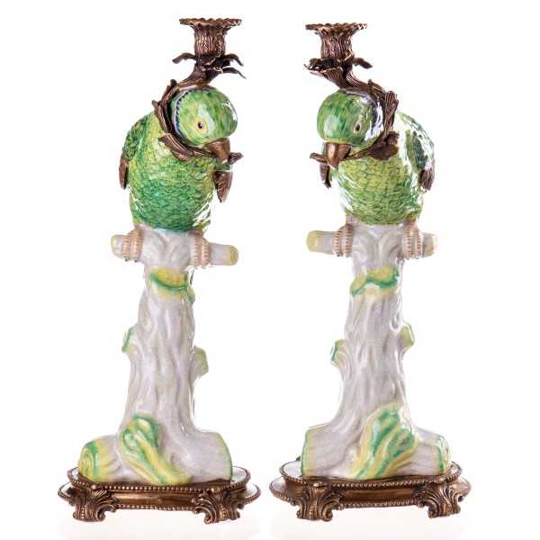 [LA-63169] 2er Set Kerzenleuchter Kerzenständer Kerzenhalter Porzellan/Messing Papageie