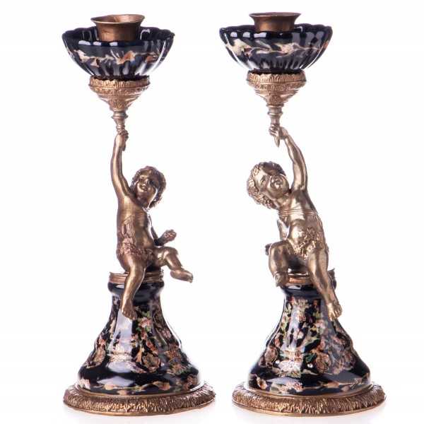 [LA-63195] 2er Set Kerzenleuchter Kerzenständer Kerzenhalter Porzellan/Messing Engel #63195