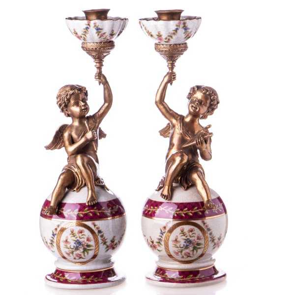 [LA-63484] 2er Set Kerzenleuchter Kerzenständer Kerzenhalter Porzellan/Messing Engel #63484