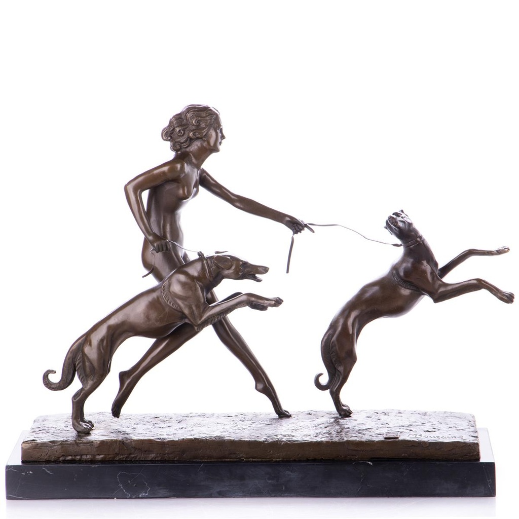 [LA-98926] Art Deco Bronzefigur Weiblicher Akt mit Windhunden Spring Frolic nach M.Bouraine